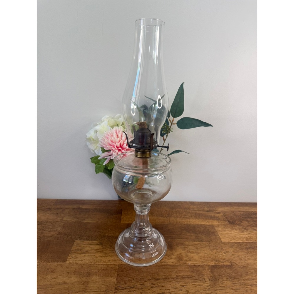 Antique Clear Uranium Glass Kerosene Oil Lamp UV Glow Victorian Hurricane Lamp